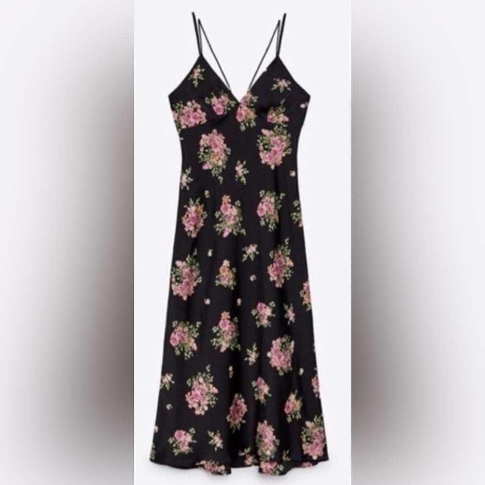 Zara Black Floral Satin Midi Slip Dress Size L